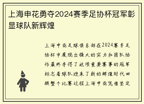 上海申花勇夺2024赛季足协杯冠军彰显球队新辉煌